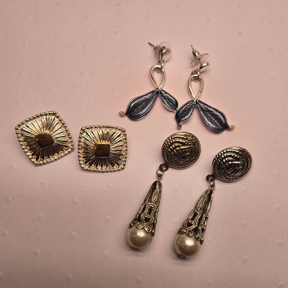 Vintage Gold Silver Tone Earring Lot Geometric Stud Faux Pearl Drop 3 Pairs